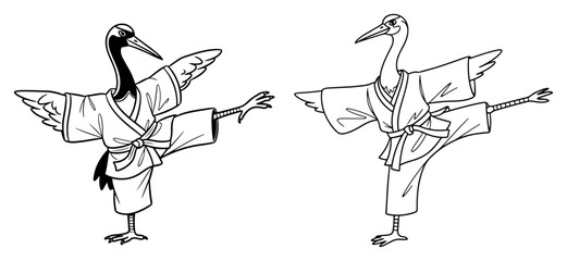 Obraz premium Crane bird wearing martial arts uniform set in karate stance character line art style