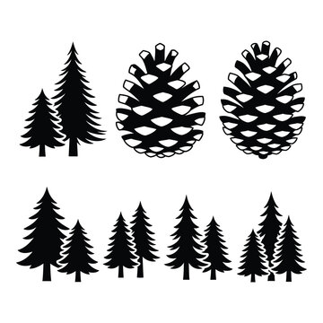 Black silhouettes of pine trees and pine cones on white background icon