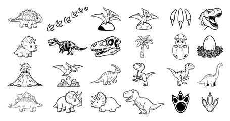 Dinosaur icon collection with various species skeletons and prehistoric elements in line art style © Logan