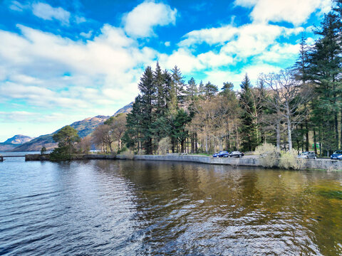April 19th, 2026. Aerial View of Balmaha Valley Glasgow Landscape During Sunset Time. The village is a popular tourist destination for picnickers and day trippers from Glasgow