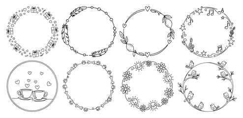 Obraz premium Circular frames collection with music birds and sun motifs in minimalist line art style