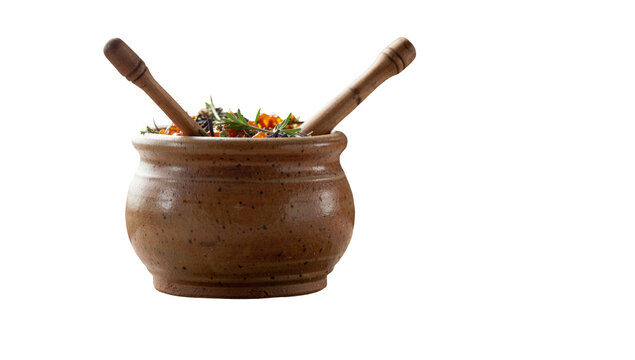 A mortar and two wooden spoons sit on a table