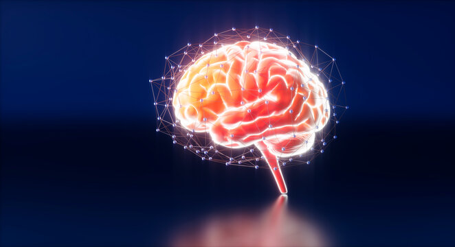 Luminous brain surrounded with digital neural network on dark background - Artificial intelligence concept - 3D illustration	