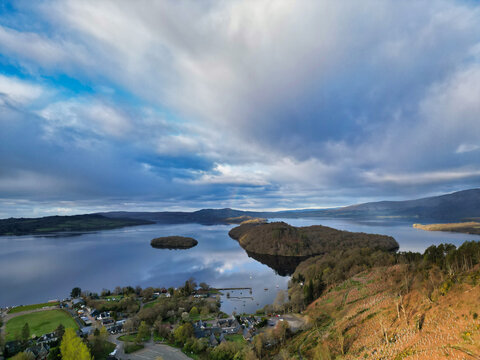 April 19th, 2026. Aerial View of Balmaha Valley Glasgow Landscape During Sunset Time. The village is a popular tourist destination for picnickers and day trippers from Glasgow