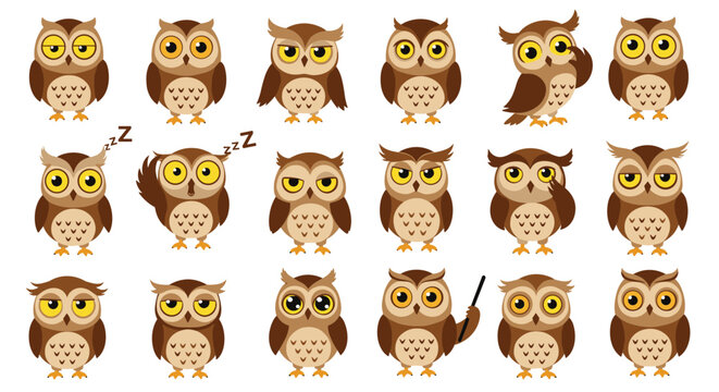 Set of cute brown owl characters are depicted with a wide range of funny facial expressions and quirky poses on a clean white background.
