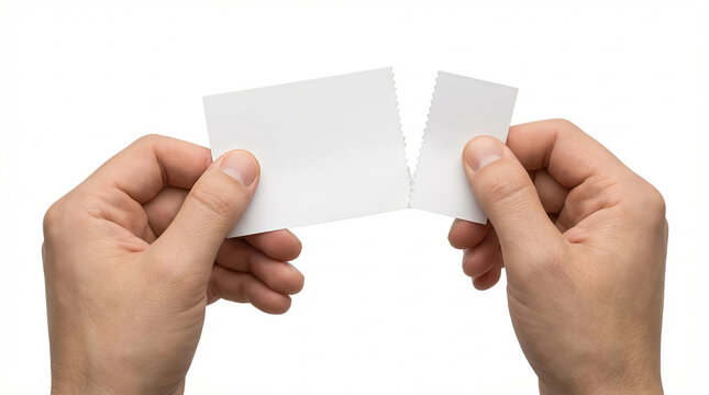 Close up view of two hands firmly tearing a small blank white paper card in half against an isolated white background for business concepts.
