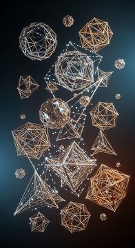 Abstract composition of 3D geometric wireframe shapes on dark background.