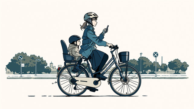 親が子供を自転車で送迎する最中にスマホ操作をしている交通違反シーンを描いたイラスト素材で、安全意識向上や事故防止の啓発に役立つビジュアルコンテンツ