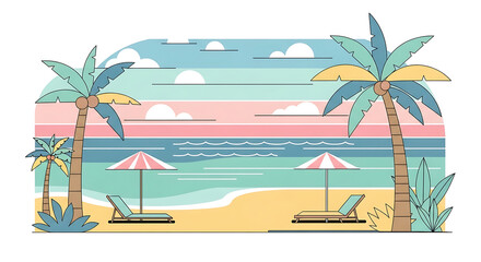 Obraz premium Pixel art beach scene with palm trees, lounge chairs, and umbrellas, pastel colors, retro vacation aesthetic, summer relaxation