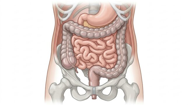 Illustration of the human digestive system with intestines and stomach