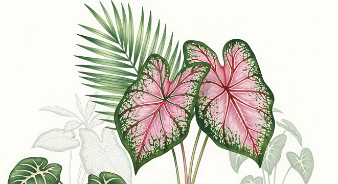 Tropical foliage with large pink and green caladium leaves and palm fronds, a lush botanical arrangement