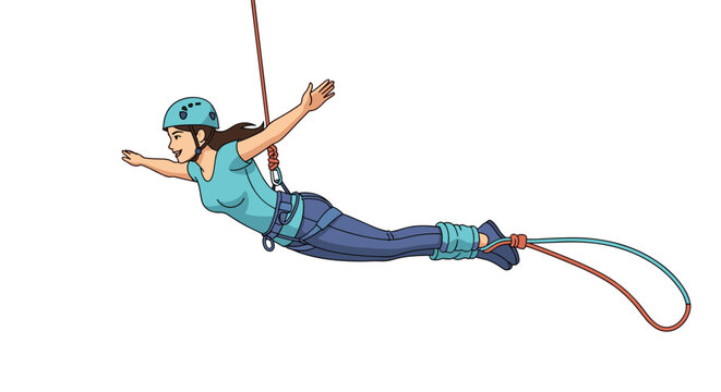 Adventurous woman wearing a safety helmet and harness is experiencing the thrill of bungee jumping or zip-lining through the open air.