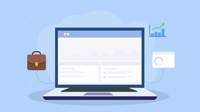 Animated laptop displaying business automation dashboard with workflow icons, data charts, and task management elements in clean flat design on blue background.