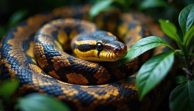 Close up of coiled Jungle Carpet Python snake head, yellow black patterned scales visible. Reptile rests in green foliage, eyes focused, looking intently. Wild animal in natural habitat.
