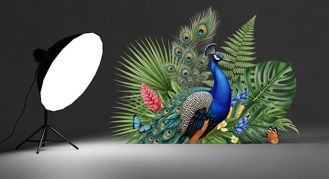 Pixelated peacock with vibrant plumage and tropical leaves, illuminated by a studio softbox light, digital art style