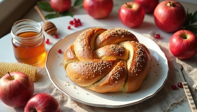 Round challah bread with sesame seeds sits on white plate. Apples, pomegranate, honey in jar are nearby. Symbolizes Jewish New Year traditions, sweet new beginnings. Offers festive autumn flavors.
