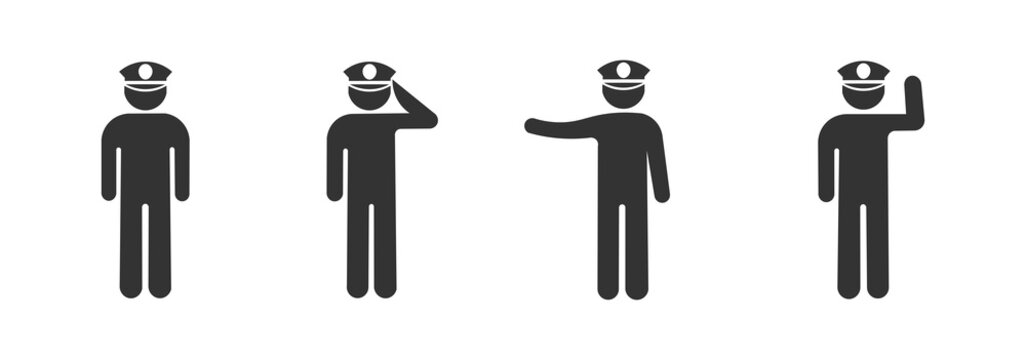 Police icon set, silhouette of police officer with pose, illustration of a man in uniform, isolated stick man