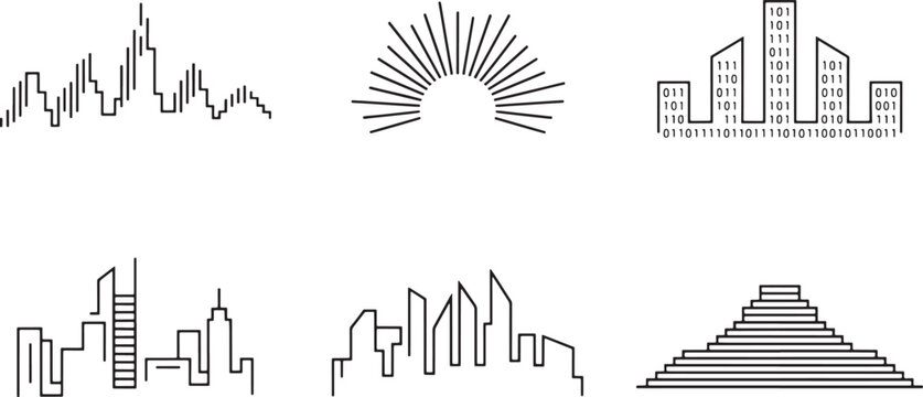 Abstract cityscapes and sunburst design, minimalism, vector set with minimalist, sunrise