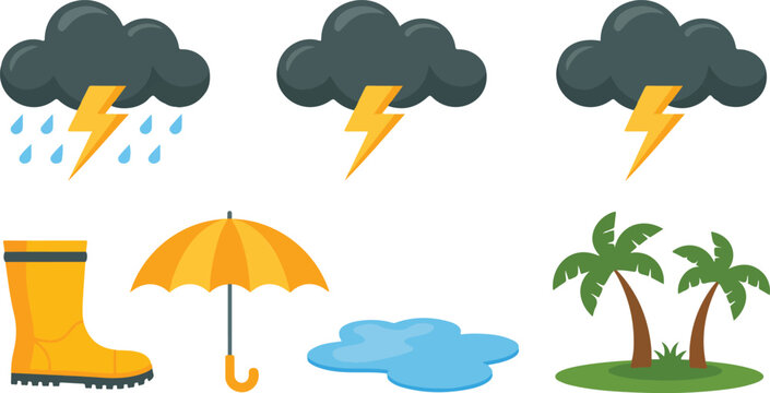 Clean vector rain and weather icon collection featuring storm clouds rain droplets boots umbrella puddles and palm trees design