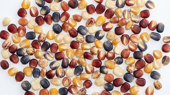 A high-angle view of colorful dried corn kernels in shades of purple yellow and red scattered on a white background for food and agriculture projects.