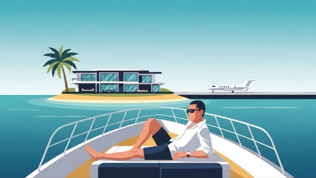 Successful Man Relaxing on Luxury Yacht Toward Private Island with Modern Villa and Private Jet - Wealthy Lifestyle Concept Illustration