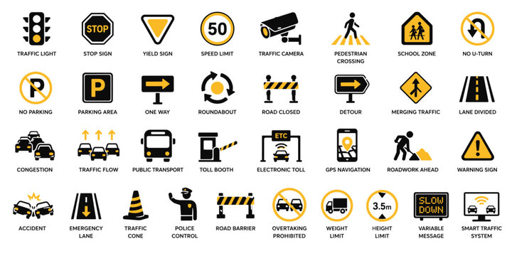 black and yellow Traffic management icon set with road signs, transportation symbols and safety indicators, Concept of traffic control, navigation and urban mobility