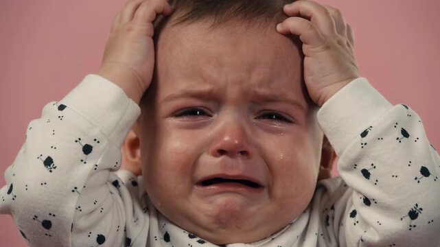Distressed infant crying and sobbing while holding head with both hands on a pink background, expressing sadness and frustration for parenting and childcare concepts
