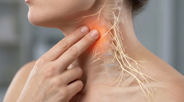 Close-up of a person touching their neck, highlighting nerve pain and spinal anatomy