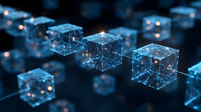 Futuristic Blockchain Business Network with Digital Connections, Copy Space. Concept: Blockchain Technology, Fintech, Digital Transformation, Web3, Cyber Security,Future Business Infrastructure.
