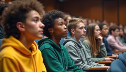 Obraz premium Diverse teenagers sit in auditorium seats. Young people listen intently to speaker. Youth audience attends lecture or presentation. Boys and girls learn together. Diverse group focused.