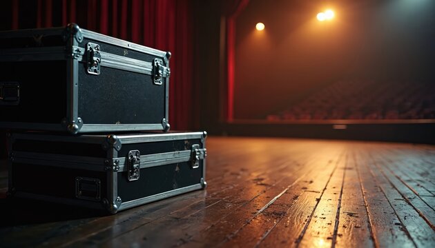 Black road cases stacked on a wooden stage floor. Red curtains hang behind. Empty seats visible in background audience area. Lights shine on stage before show.