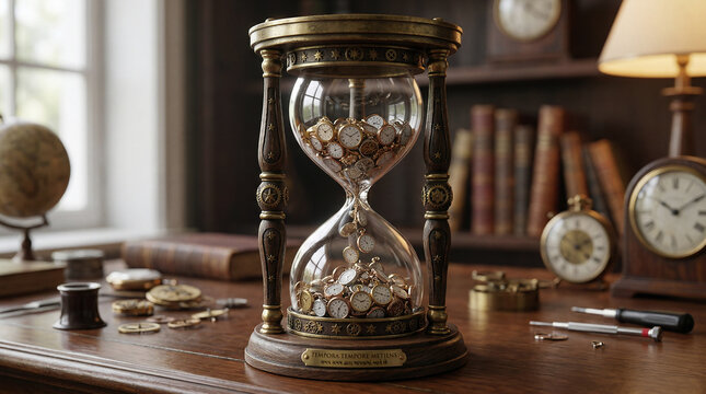 An hourglass filled with tiny, falling sand-sized clocks instead of sand, measuring time with time