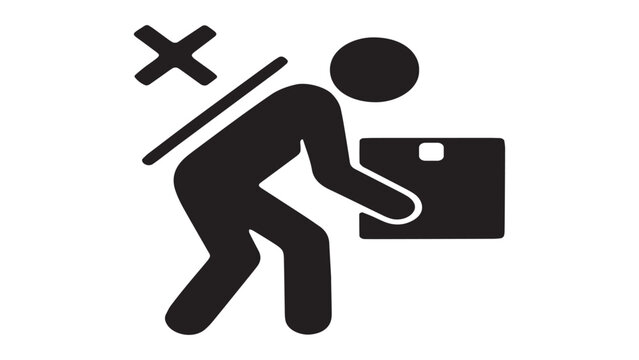 Man lifting box with bent back, ergonomics warning illustration, unsafe work practice sign isolated on white.