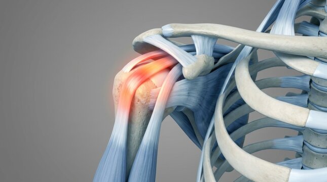 Close-up of human shoulder anatomy with inflamed rotator cuff muscles