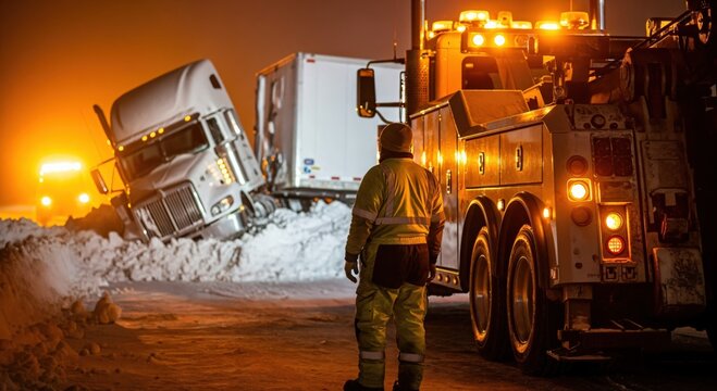 Winter Recovery Operation: Tow Truck Assists Jackknifed Truck in Snowy Conditions