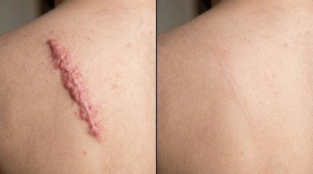 Comparison of a raised keloid scar before and after treatment