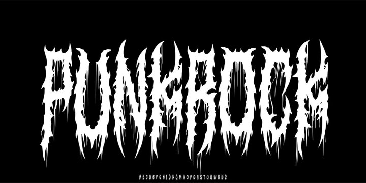 Punkrock font. Y2k Dark Lettering tattoo vector type font. Grunge style type font with Gothic Punk Rock and Death Metal signs and symbols. Scary tattoo font 00s concept.