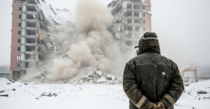 Firefighter Observing Controlled Building Demolition in Snowy Winter Conditions During Safety Operations
