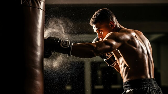 Focused Male Boxer Training at Punching Bag in Modern Gym for Strength and Fitness Enhancement