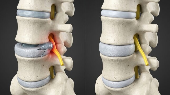 Herniated disc pressing on spinal nerve, comparison of healthy and damaged states