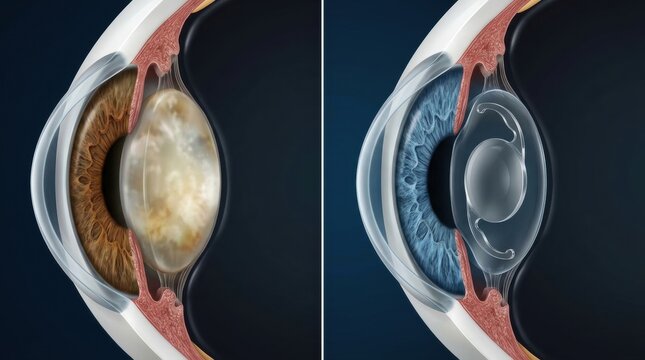 Comparison of a cloudy eye lens before and after cataract surgery