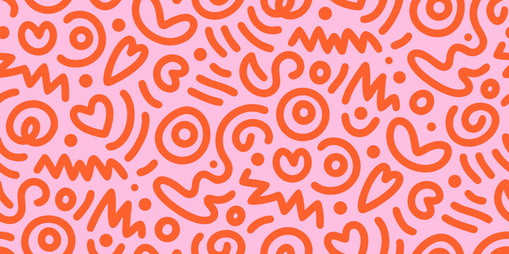 Playful abstract pattern with orange doodles on a pink background