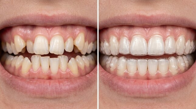 Before and after comparison of teeth straightening with clear aligners