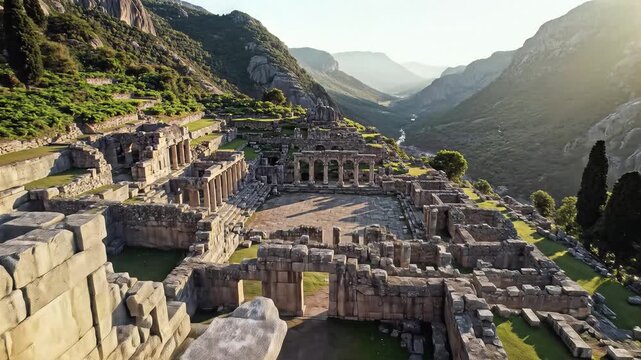 Ancient Greek ruins of Delphi bathed in golden sunlight a historical marvel.