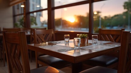 Fototapeta premium A beautifully set wooden dining table captures the warm glow of a sunset viewed through large restaurant