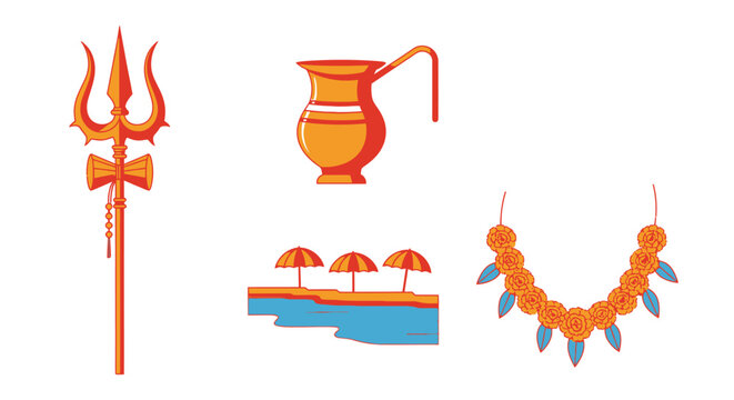 Sacred Hindu symbols including Trishul kamandalu and river ghat