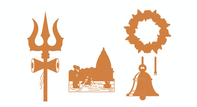 Saffron Hindu religious symbols with trishula temple bell and garland