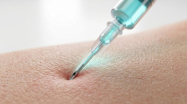 Close-up of a medical syringe injecting fluid into human skin with a bright glow