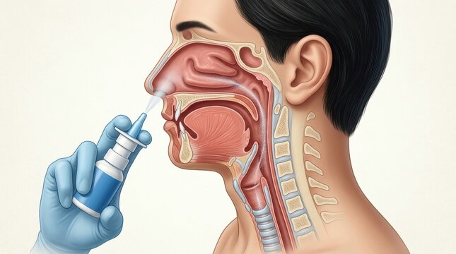 Medical illustration of nasal spray being administered to the nasal cavity