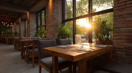 Fototapeta premium Sunlight streams through large into a rustic modern restaurant interior featuring wooden tables and comfortable seating